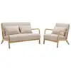 Image de Banquette 2 places + fauteuil bois, tissu beige