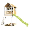 Image de Maison enfant sur pilotis ROMY Brun Blanc avec toboggan Vert Citron et bac à sable