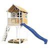 Image de Maison enfant sur pilotis ROMY Brun Blanc avec toboggan Bleu et bac à sable