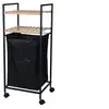 Image de Panier à linge avec étagère métal noir et bambou - 38x32x89.5cm