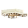 Image de Salon de jardin 6 pcs avec coussins blanc crème bambou