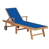 Image de Chaise longue - Bois de teck - Coussin bleu royal - Dossier réglable - 2 roues
