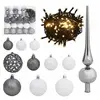 Image de Set de Boules de Noël avec Pic et 300 LED 120 pcs Arbre Ornement de Noël Décoration de Vacances Décoration de Noël Jardin Blanc et Gris