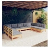 Image de Salon de jardin 9 pcs avec coussins gris bois de pin solide 3097174