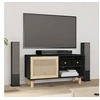 Image de Meuble TV Noir 80x30x40 cm Bois de pin massif et rotin naturel