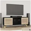 Image de Meuble TV Noir 105x30x40cm Bois de pin massif et rotin naturel