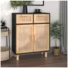 Image de Buffet Noir 60x30x75 cm Bois de pin massif et rotin naturel