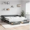Image de Lit de jour avec gigogne et tiroirs gris foncé 100x200 cm tissu 3197486