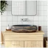 Image de Vasque à Poser, Evier de Salle de Bain avec Trou de Vidange, Lavabo avec Motifs Toilette Salle d'Eau, Marron et Bleu Ovale 59x40x15 cm Céramique