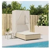 Image de Chaise longue double avec toit et rideaux beige résine tressée, transat, lit de jour d'extérieur, lit de jour de 368103