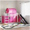 Image de Lit superposé avec toboggan et rideaux rose 90x200 cm, lit, cadre de lit, lit superposé bas, meuble de chambre à 3284139