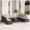 Image de Ensemble de canapé de jardin 10 pièces avec coussins en poly rotin noir et acacia