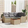 Image de Ensemble de Canapé de Jardin 5 Pièces avec Coussins Beige Rotin Poly Acacia 3356117
