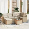 Image de Ensemble de Canapé de Jardin 7 pièces avec Coussins Beige Poly Rotin Acacia, Canapé de Jardin 2 places avec Rangement& Coussins