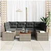 Image de Ensemble de canapé de jardin 7 pièces avec coussins gris en poly rotin et acacia
