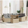 Image de Set de canapé de jardin 6 pièces avec coussins beige en rotin poly