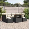 Image de Ensemble de Canapé de Jardin 7 Pièces avec Coussins Noirs en Rattan Poly