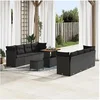 Image de Ensemble de Sofa de Jardin 11 Pièces avec Coussins Noir Rattan Poly Acacia, Ensemble de Dîner de Jardin 3 Pièces 3361459