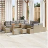 Image de Set de Canapé de Jardin de 14 pièces avec Coussins Beige Poly Rattan Acacia, Canapé de Jardin de 2 places avec Coussins Beige P