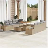 Image de Ensemble de Canapé de Jardin 11 Pièces avec Coussins Beige Poly Rattan Acacia 3362897