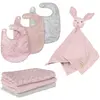Image de Set cadeau bébé 3 bavoirs 3 langes 1 doudou en coton bio rose