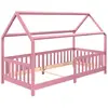 Image de Lit cabane enfant montessori en bois massif, rose, 90x190 cm