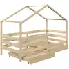 Image de Lit cabane enfant 2 tiroirs en bois massif coloris naturel, 90 x 200