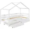 Image de Lit cabane enfant 2 tiroirs en bois massif blanc, 90 x 200 cm