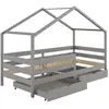 Image de Lit cabane enfant 2 tiroirs en bois massif gris, 90 x 190 cm