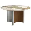 Image de Table à manger ronde en marbre porcelaine, noyer et bois argenté