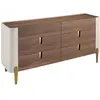 Image de Commode en bois beige, acier poli doré et plateau en noyer