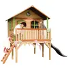 Image de Maisonnette enfant avec toboggan gris, bois fsc, marron/vert