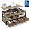 Image de Table basse avec plateau relevable, table de salon, tiroirs de rangement, rangement caché et étagère ouverte, brun camel I