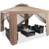 Image de Pavillon Tonnelle De Jardin De 3x3m Autoportante Avec Ornements 4 Rideaux De Moustiquaire Polyester 300 X 300 X 200/265 Cm Marron - Costway