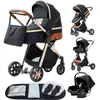 Image de YAZOCO - Poussette 3 en 1 pour bébé, poussette combinée siège-auto, berceau, modèle trio, réversible, réglable, de haute qualité, roues noires