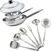 Image de Set de 2 poêles 20 et 28 cm en inox, 2 couvercles verre et 6 ustensiles inox Fackelmann Eterna