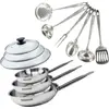 Image de Set de 3 poêles 20, 24 et 28 cm en inox, 3 couvercles verre et 6 ustensiles inox Fackelmann Eterna