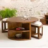 Image de LAUREN - Table basse et 2 tabourets coussins écrus bois Mindi marron