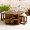 Image de Macabane - Lauren - Table Basse Ronde Marron 2 Tabourets Avec Coussins Écrus Bois Mindi
