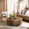 Image de SIXTINE - Table basse ronde diam 100 rotin, plateau bois teck recyclé