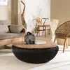 Image de SIXTINE - Table basse ronde diam100 rotin noir plateau bois teck recyclé
