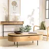 Image de ETHAN - Table basse arrondie couleur naturelle 2 tiroirs ETHAN (2 COLIS)