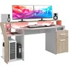 Image de Bureau argenté avec LED -Reproduction chêne et mélamine blanc brillant - L 178 x P 88 x H 68 cm - PARISOT