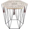 Image de Table basse en bois et métal, plateau hexagonal avec motifs, design moderne qui s'adapte à de nombreux intérieurs.