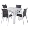 Image de Ensemble MODULO 4/8p en aluminium blanc et verreReproductions bois avec 4 fauteuils en textilène
