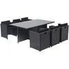 Image de Concept-usine   Salon De Jardin 6 Places En Résine Tressée Noire   Table Carrée 180x115cm Avec Plateau En Verre   6 Fauteuils Empilables Avec Coussins Déperlant