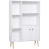 Image de Homcom - Bibliothèque Scandinave Dim. 80l X 23,5l X 123h Cm 5 Niches Placard 2 Portes Pieds Effilés Inclinés Bois Massif Panneaux Particules Blanc