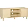 Image de HOMCOM Meuble TV Banc TV 2 niches 2 placards Porte cannage en rotin dim. 115L x 40l x 48H cm MDF Aspect Bois Clair