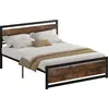 Image de HOMCOM Cadre de lit double en acier avec sommier et tête de lit compatible matelas 200 x 160 cm aspect bois foncé