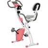 Image de HOMCOM Vélo d'appartement pliable, vélo d'exercice, home traîner pour adultes, 8 niveaux de résistance magnétique, capteurs pouls main, écran LCD multifonction, selle réglable, acier, rose, blanc
